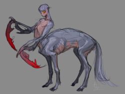 Rule 34 | 1boy, animal ears, centauroid, colored sclera, commentary request, full body, grey background, grey hair, looking at viewer, male focus, metamon1996, monster boy, original, red sclera, short hair, signature, simple background, sketch, solo, standing, taur, very short hair, yellow eyes