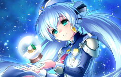 Rule 34 | 1girl, aqua eyes, blue dress, blue hair, blue headwear, blush, commentary request, dress, eyelashes, floating clothes, hair between eyes, hoshino yumemi, long hair, long sleeves, looking at object, low twintails, necktie, night, open mouth, planetarian, red necktie, robot ears, sky, smile, snow globe, solo, star (sky), starry sky, twintails, upper body, very long hair, zen (kamuro)