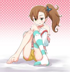 Rule 34 | 1girl, :q, bare shoulders, barefoot, blush, brown hair, butterfly hair ornament, choker, chousoku henkei gyrozetter, de (deys), feet, green eyes, hair ornament, inaba rinne, long hair, no panties, partially visible vulva, shorts, side ponytail, single thighhigh, solo, striped clothes, striped thighhighs, thighhighs, toes, tongue, tongue out, upshorts
