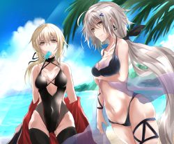 Rule 34 | 2girls, ahoge, artoria pendragon (all), artoria pendragon (fate), beach, bikini, black bikini, black legwear, blonde hair, breasts, day, eating, fate/grand order, fate (series), food, grey hair, hair between eyes, highres, ice cream, jeanne d&#039;arc (fate), jeanne d&#039;arc alter (avenger) (fate), jeanne d&#039;arc alter (fate), jewelry, large breasts, looking at viewer, mouth hold, multiple girls, navel, one-piece swimsuit, outdoors, ponytail, saber alter, short hair, smile, swimsuit, thighhighs, yellow eyes, yuki maccha (yukimattya10)