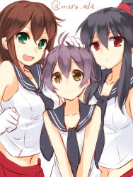 Rule 34 | 10s, 3girls, :d, black hair, blush, braid, breasts, brown hair, girl sandwich, gloves, green eyes, hand on another&#039;s head, kantai collection, long hair, looking at viewer, maruki (punchiki), medium breasts, multiple girls, navel, noshiro (kancolle), open mouth, personification, ponytail, red eyes, sakawa (kancolle), sandwiched, school uniform, serafuku, short hair, skirt, small breasts, smile, twitter username, white gloves, yahagi (kancolle)