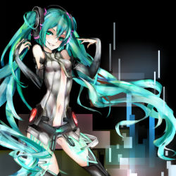 Rule 34 | 1girl, aqua eyes, aqua hair, bad id, bad pixiv id, bridal gauntlets, elbow gloves, gloves, hatsune miku, hatsune miku (append), long hair, navel, necktie, rectangle, smile, solo, thighhighs, tribute (tributism), twintails, very long hair, vocaloid, vocaloid append