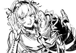 Rule 34 | 1girl, alice margatroid, fingernails, frilled hairband, frills, greyscale, hair ribbon, hairband, hand up, looking at viewer, monochrome, ribbon, ruukii drift, short hair, simple background, smile, solo, touhou, upper body, waving, white background