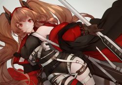 Rule 34 | 1girl, angelina (arknights), angelina (distinguished visitor) (arknights), animal ears, arknights, black leotard, black thighhighs, blush, breasts, brown gloves, brown hair, closed mouth, coat, commentary, dutch angle, fox ears, gloves, grey background, holding, holding staff, leotard, lips, long hair, looking at viewer, medium breasts, nido celisius, official alternate costume, open clothes, open coat, red coat, red eyes, simple background, single thighhigh, sleeveless, smile, solo, staff, strap, taut clothes, thigh gap, thighhighs, thighs, twintails, very long hair