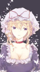 Rule 34 | 1girl, absurdres, alternate hairstyle, bad id, bad pixiv id, blonde hair, braid, breasts, bug, butterfly, canothy, choker, cleavage, collarbone, colored eyelashes, dress, flower, french braid, frilled dress, frills, hair up, half-closed eyes, hat, hat ribbon, highres, insect, large breasts, light smile, lips, looking down, looking to the side, mob cap, petals, purple background, purple dress, purple eyes, ribbon, short sleeves, sidelocks, simple background, solo, touhou, upper body, yakumo yukari