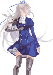 Rule 34 | 1girl, ascot, bandages, blue ribbon, cotta, gloves, hair ribbon, juliet sleeves, long hair, long sleeves, looking afar, metal gloves, original, profile, puffy sleeves, ribbon, silver hair, simple background, single glove, skirt, solo, thighhighs, very long hair, white background