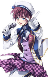 Rule 34 | 1boy, asbel lhant, beret, blue eyes, blue ribbon, blush, brown hair, gloves, hair between eyes, hat, holding, holding microphone, idol, jacket, kirimi maguro, looking at viewer, microphone, official alternate costume, open mouth, pointing, pointing at viewer, ribbon, short hair, smile, tales of (series), tales of graces, undershirt, vest, white background, white gloves