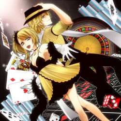 Rule 34 | 1boy, 1girl, back-to-back, bad id, bad pixiv id, bare shoulders, blonde hair, blue eyes, brother and sister, card, choker, elbow gloves, fedora, foreshortening, formal, gloves, hat, ikasama &harr; kajino (song), kagamine len, kagamine rin, looking at viewer, open mouth, playing card, poker chip, rico (fbn3), short hair, siblings, side ponytail, smile, striped, twins, vocaloid