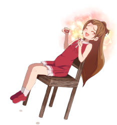 Rule 34 | 1girl, :d, bare shoulders, blush, brown hair, chair, closed eyes, dokidoki! precure, dress, eating, food, foodgasm, full body, haagen-dazs, half updo, happy, ice cream, long hair, madoka aguri, niizuka (c-drop), open mouth, precure, simple background, sitting, sleeveless, smile, solo, sparkle, spoon, white background, wooden chair