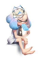 Rule 34 | 1girl, absurdres, bare arms, bare legs, bare shoulders, barefoot, blue hair, brown eyes, cross-shaped pupils, dress, food, full body, gradient hair, highres, holding, inkling, light blue hair, medium hair, multicolored hair, nintendo, no legwear, no shoes, pearl (splatoon), popsicle, puchiman, shadow, shorts, shorts under dress, simple background, sitting, sleeveless, sleeveless dress, solo, splatoon (series), splatoon 2, suction cups, sweat, symbol-shaped pupils, tentacle hair, two-tone hair, white background, white dress, white hair, white shorts, zipper, zipper pull tab