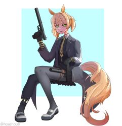 Rule 34 | 1girl, absurdres, alternate costume, aqua background, black choker, black gloves, black shirt, black skirt, blonde hair, blunt bangs, bolt action, braid, chevron (symbol), choker, clothes lift, coat, commentary, commission, concealed weapon, cosplay, english commentary, fanged bangs, full body, girls&#039; frontline, gloves, green eyes, grey coat, grey footwear, grey pantyhose, gun, handgun, highres, holding, holding gun, holding weapon, holster, horse tail, houshou8, integral suppressor, integrally-suppressed firearm, invisible chair, lapels, lifting own clothes, long sleeves, looking at viewer, manhattan cafe (umamusume), manhattan cafe (umamusume) (cosplay), miniskirt, necktie, notched lapels, one side up, open clothes, open coat, pantyhose, parted lips, pixiv commission, print necktie, shirt, shoes, single braid, sitting, skirt, skirt lift, solo, star (symbol), star print, suppressor, tail, thigh holster, trigger discipline, twitter username, two-tone background, two-tone footwear, two-tone shirt, umamusume, weapon, welrod, welrod mk ii, welrod mkii (girls&#039; frontline), white background, white footwear, white shirt, yellow necktie