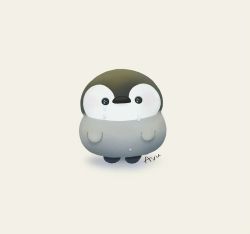 Rule 34 | animal focus, ayu (mog), baby penguin, bird, commentary, crying, english commentary, full body, grey background, looking at viewer, mixed-language commentary, no humans, original, penguin, signature, simple background, solo, standing, tears
