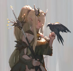 Rule 34 | 1girl, arknights, bird, bird on hand, black eyes, black one-piece swimsuit, breasts, chilakkk, commentary, cowboy shot, crop top, crop top overhang, crow, demon horns, detached sleeves, eyelashes, feather trim, hair between eyes, highres, holding, holding staff, horns, lips, long hair, medium breasts, official alternate costume, one-piece swimsuit, parted lips, pointy ears, see-through, shining (arknights), shining (silent night) (arknights), signature, silver hair, smile, solo, staff, swimsuit, very long hair
