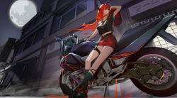 Rule 34 | 1girl, absurdres, arknights, arm up, black choker, black footwear, black legwear, black shirt, building, character name, choker, commentary, cross, cross necklace, full moon, genera-x, highres, horns, jewelry, long hair, midriff, miniskirt, moon, motor vehicle, motorcycle, navel, necklace, night, night sky, official alternate costume, outdoors, purple eyes, red hair, red skirt, shirt, shoes, sitting, skirt, sky, solo, surtr (arknights), thigh strap, thighs, very long hair