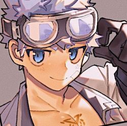 Rule 34 | 1boy, alternate skin color, bandaid, bandaid on cheek, bandaid on face, black gloves, blue eyes, chest tattoo, gloves, goggles, goggles on head, gomoku (gomoku418), grey background, isaac (housamo), lowres, male focus, portrait, smile, solo, tattoo, tokyo houkago summoners, white hair