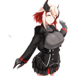 Rule 34 | 1girl, :d, arm at side, azur lane, black jacket, blonde hair, blush, breasts, buttons, collared shirt, cowboy shot, cropped jacket, cross, cyborg, dress shirt, eyebrows, facing away, grey shirt, hair between eyes, half-closed eyes, hand up, headgear, highres, iron cross, jacket, joints, large breasts, legs together, long sleeves, miss black, multicolored hair, open clothes, open jacket, open mouth, pleated skirt, red eyes, red hair, robot joints, roon (azur lane), shirt, short hair, sidelocks, simple background, skirt, smile, solo, standing, streaked hair, two-tone hair, underbust, white background
