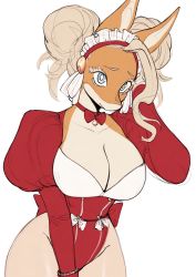 Rule 34 | 1girl, absurdres, alternate costume, alternate hairstyle, animal ears, blonde hair, blue eyes, boku no hero academia, breasts, cleavage, colored skin, curvy, furry, giant, giantess, headband, headdress, highres, huge breasts, ippan josei, large breasts, leotard, maid headdress, nerv bnha, orange skin, puffy sleeves, snout, solo, thick thighs, thighs, wide hips