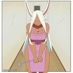 Rule 34 | 1girl, animal ears, animated, apron, ass, boku no hero academia, bouncing breasts, breasts, cleavage, dark-skinned female, dark skin, english text, female focus, grin, heart, large breasts, long hair, looking at viewer, lowres, mirko, naked apron, rabbit ears, rabbit girl, rabbit tail, slippers, smile, solo, speech bubble, spoken heart, standing, tagme, tail, video, white hair, zero momentai
