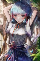 Rule 34 | 1girl, aged down, arms up, ayaka (genshin impact), blue eyes, blue hair, blue hakama, blunt bangs, blush, bokken, bug, butterfly, embarrassed, flower knot, genshin impact, hair ribbon, hakama, hakama skirt, highres, insect, japanese clothes, kimono, light blue hair, long hair, looking away, mole, mole under eye, mouth hold, nanamo yado, outdoors, ponytail, red ribbon, ribbon, ribbon in mouth, shade, short sleeves, skirt, solo, sword, tress ribbon, twitter username, tying hair, weapon, white kimono, wide sleeves, wooden sword