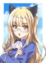 Rule 34 | 1girl, animal ears, ascot, blonde hair, blue jacket, blue sky, cat ears, cloud, cloudy sky, collared jacket, crossed arms, frown, glasses, highres, index finger raised, jacket, kuroi mimei, light blush, long hair, long sleeves, looking at viewer, military, military uniform, outside border, perrine h. clostermann, sky, solo, strike witches, uniform, white ascot, world witches series, yellow eyes