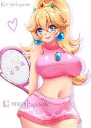 Rule 34 | 1girl, arms behind back, artist name, bare arms, bare shoulders, blue eyes, breasts, brooch, closed mouth, crop top, crown, crown (symbol), earrings, eyelashes, heart, hip focus, holding, holding behind back, jewelry, large breasts, lips, long hair, looking at viewer, mario (series), mario tennis, midriff, miniskirt, navel, nintendo, patreon logo, patreon username, pink lips, pink shirt, pink skirt, ponytail, princess peach, racket, shadow, shirt, simple background, skirt, sleeveless, sleeveless shirt, smile, solo, sugarbell, taut clothes, taut shirt, tennis racket, white background