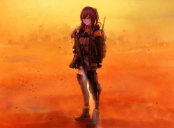 Rule 34 | 1girl, ankle boots, arm at side, armband, backpack, bad id, bad pixiv id, bag, black footwear, black gloves, black jacket, black skirt, black thighhighs, boots, brown eyes, bulletproof vest, closed mouth, desert, expressionless, fingerless gloves, full body, girls&#039; frontline, gloves, gun, h&amp;k ump, headset, heckler &amp; koch, highres, holding, holding gun, holding weapon, jacket, legs apart, light, long hair, long sleeves, looking at viewer, mechanical arms, one side up, open clothes, open jacket, outdoors, pleated skirt, red eyes, rifle, ruins, sandstorm, scar, scar across eye, scar on face, single mechanical arm, single thighhigh, skirt, sniper rifle, solo, submachine gun, thigh strap, thighhighs, tsurime, turisasu, ump45 (girls&#039; frontline), weapon