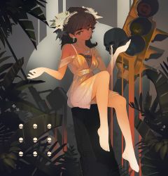Rule 34 | 1girl, absurdres, bare legs, bare shoulders, barefoot, brown hair, closed mouth, dress, earrings, fern, green eyes, head tilt, highres, holding, holding skull, jewelry, laurel crown, long hair, looking at viewer, necklace, original, polilla, skull, solo, traffic light, white dress