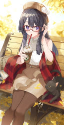 Rule 34 | 1girl, bench, black cat, black hair, black pantyhose, breasts, brown hat, brown skirt, cat, coffee cup, cup, disposable cup, drinking, drinking straw, drinking straw in mouth, glasses, hat, highres, holding, holding cup, hu kotora, long hair, medium breasts, original, pantyhose, park bench, pencil skirt, purple eyes, red-framed eyewear, shirt, sitting, skirt, sleeveless, sleeveless shirt, solo, white shirt