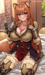 Rule 34 | 1girl, absurdres, animal ears, armor, artist name, balloon (tate no yuusha no nariagari), bed, bed sheet, belt, blunt bangs, blurry, blurry background, blush, boots, bracelet, breast tattoo, breasts, brown footwear, brown gloves, brown hair, chest tattoo, cleavage, closed mouth, closet, clothes pull, collarbone, commentary, creature, cross-laced footwear, english commentary, enma (enmanuelart), gloves, highres, impossible clothes, indoors, jewelry, kneeling, lace-up boots, large breasts, long hair, long sleeves, looking at viewer, on bed, patreon logo, patreon username, pink eyes, plant, raccoon ears, raccoon girl, raphtalia, sheath, sheathed, shirt pull, shoulder armor, skirt, slave tattoo, solo, sword, tate no yuusha no nariagari, tattoo, wardrobe, weapon, window