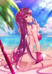 Rule 34 | 1girl, absurdres, ass, back, bare shoulders, barefoot, beach, bikini, blue sky, blush, breasts, fate/grand order, fate (series), feet, flower, gae bolg (fate), hair between eyes, hair flower, hair intakes, hair ornament, heiyan shenshi, hibiscus, highres, large breasts, bridal garter, long hair, looking at viewer, looking back, parted lips, polearm, purple bikini, purple hair, red eyes, scathach (fate), scathach (fate/grand order), scathach (swimsuit assassin) (fate), sitting, sky, solo, sunlight, swimsuit, thighs, wariza, weapon