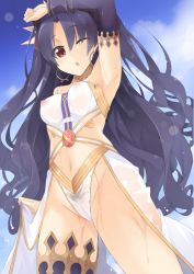 Rule 34 | 1girl, ;o, arm on own head, armpits, asymmetrical sleeves, black hair, breasts, crown, day, earrings, fate/grand order, fate (series), female pubic hair, gem, hoop earrings, ishtar (fate), jewelry, long hair, looking at viewer, medium breasts, navel, neck ring, nipples, one eye closed, parted bangs, pubic hair, pussy, red eyes, sasakura, see-through, single thighhigh, sky, solo, thighhighs, tohsaka rin, two side up, uneven sleeves, very long hair, wavy hair, wet, wet clothes