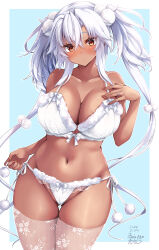Rule 34 | 1girl, absurdres, alternate costume, artist logo, bra, breasts, cleavage, collarbone, cowboy shot, dark-skinned female, dark skin, dated, frilled bra, frilled panties, frills, gluteal fold, highres, kantai collection, large breasts, long hair, mashiro yukiya, musashi (kancolle), musashi kai ni (kancolle), no eyewear, panties, pom pom (clothes), red eyes, side-tie panties, solo, thigh gap, thighhighs, twintails, underwear, white bra, white hair, white panties, white thighhighs
