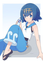 Rule 34 | 1girl, blue hair, blue pants, bottle, bright pupils, closed mouth, creatures (company), feet, foot out of frame, game freak, hairband, highres, holding, holding bottle, knee up, lana (pokemon), looking at viewer, nintendo, pants, pokemon, pokemon sm, sandals, shirt, sleeveless, sleeveless shirt, smile, solo, swimsuit, swimsuit under clothes, toenails, toes, water bottle, white pupils, white shirt, yashi (hayashiki0404), yellow hairband