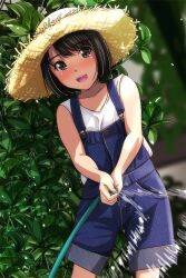 Rule 34 | 1girl, bare shoulders, black hair, blue overalls, blurry, blush, brown eyes, cowboy shot, day, denim, depth of field, hat, highres, holding, holding hose, hose, jeans, looking at viewer, matsunaga kouyou, nose blush, open mouth, original, outdoors, overalls, pants, shirt, short hair, smile, solo, straw hat, teeth, upper teeth only, vegetation