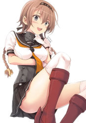 Rule 34 | 10s, 1girl, :d, blush, boots, braid, brown hair, dated, gloves, hand on own chest, kantai collection, knee boots, low twintails, open mouth, red footwear, school uniform, serafuku, simple background, skirt, smile, solo, teruzuki (kancolle), thighhighs, tomozo kaoru, twin braids, twintails, twitter username, upskirt, white background, white gloves, white thighhighs