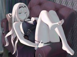 Rule 34 | 1girl, an-94 (girls&#039; frontline), an-94 (silent rouge) (girls&#039; frontline), areola slip, bare shoulders, barefoot, belt, black dress, blush, breasts, closed mouth, commentary request, convenient censoring, couch, curtains, dress, dress tug, feet, foreshortening, full body, girls&#039; frontline, green eyes, hair intakes, hairband, halter dress, halterneck, highres, indoors, knees up, long hair, looking at viewer, lying, medium breasts, nose blush, official alternate costume, on back, on couch, panties, panty pull, pillow, platinum blonde hair, revision, ru zhai, shadow, sidelocks, sleeveless, sleeveless dress, soles, solo, sweat, toes, underbust, underwear, wall, window, wristband