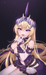 Rule 34 | 1girl, blonde hair, breasts, copyright request, crossed bangs, elbow gloves, gloves, hair between eyes, headgear, highres, large breasts, long hair, looking at viewer, miniskirt, mushi aoi, pleated skirt, purple background, purple eyes, sitting, skirt, solo, thighhighs, tongue, tongue out, white gloves, white thighhighs