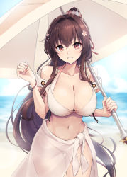 Rule 34 | 1girl, beach, beach umbrella, bikini, blue sky, breasts, brown eyes, brown hair, cleavage, collarbone, day, flower, grin, hair flower, hair intakes, hair ornament, highres, kantai collection, kodama (mmt uf), large breasts, looking at viewer, official alternate costume, outdoors, sarong, sidelocks, sky, smile, solo, swimsuit, thighs, umbrella, white bikini, yamato (kancolle), yamato kai ni (kancolle)
