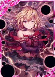 Rule 34 | 1girl, akkijin, bare shoulders, black gloves, blonde hair, breasts, darkness, demon horns, elbow gloves, frilled skirt, frills, gloves, horns, injury, lightning bolt symbol, looking at viewer, medium breasts, official art, one eye closed, purple sky, red eyes, ruins, shinkai no valkyrie, short hair, skirt, sky, stomach, torn clothes
