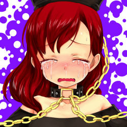 Rule 34 | 1girl, bare shoulders, black shirt, blush, chain, chikado, closed eyes, collar, collarbone, crying, hecatia lapislazuli, long hair, nose blush, off-shoulder shirt, off shoulder, parted lips, portrait, red hair, shirt, snot, solo, t-shirt, tears, touhou, wavy mouth
