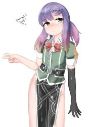 Rule 34 | 1girl, absurdres, black gloves, bow, bowtie, commentary request, cosplay, cowboy shot, dated, elbow gloves, gloves, gradient hair, green shirt, highres, kantai collection, looking at viewer, maru (marg0613), multicolored hair, one-hour drawing challenge, pelvic curtain, purple eyes, purple hair, red bow, red bowtie, shirt, short hair, short hair with long locks, side slit, sidelocks, simple background, single elbow glove, solo, standing, tone (kancolle), tone (kancolle) (cosplay), tone kai ni (kancolle), tone kai ni (kancolle) (cosplay), tsushima (kancolle), twitter username, v, white background