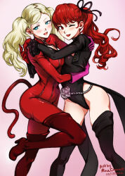 Rule 34 | 2girls, :d, ;d, ass, black leotard, black thighhighs, blonde hair, bodysuit, breasts, cat tail, gloves, green eyes, hug, leotard, long hair, medium breasts, mina cream, multiple girls, one eye closed, open mouth, persona, persona 5, persona 5 the royal, ponytail, purple gloves, red bodysuit, red eyes, red hair, smile, tail, takamaki anne, thighhighs, thighs, twintails, wavy hair, yoshizawa kasumi