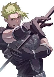 Rule 34 | 1boy, absurdres, achilles (fate), armor, bags under eyes, black shirt, dutch angle, dynamic pose, fate/apocrypha, fate (series), gauntlets, green hair, grin, haruakira, highres, holding, holding polearm, holding weapon, looking ahead, male focus, mature male, polearm, red eyes, ribbed shirt, shirt, short sleeves, simple background, smile, solo, undercut, weapon, white background