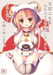 Rule 34 | 1girl, animal costume, animal hood, arms behind back, bell, blush, breasts, cleavage, fang, grey thighhighs, hood, horns, large breasts, looking at viewer, new year, no shoes, orange eyes, original, pink hair, sheep costume, sheep hood, sheep horns, shia flatpaddy, slit pupils, solo, syroh, tail, thigh gap, thighhighs