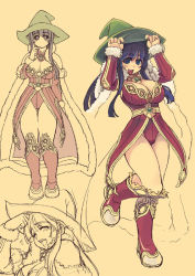 Rule 34 | 1girl, arms up, blue eyes, blue hair, boots, breasts, cleavage, hat, high wizard (ragnarok online), knee boots, large breasts, matching hair/eyes, mil (xration), ragnarok online, solo, standing, standing on one leg, witch hat, wizard, wizard (ragnarok online)