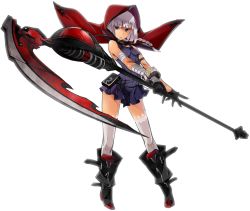 Rule 34 | 10s, 1girl, artist request, black footwear, blunt bangs, boots, dress, full body, gloves, god eater, god eater 2: rage burst, hood, knee boots, lace, lace-trimmed legwear, lace trim, livie collet, red hood, scythe, solo, thighhighs, transparent background, white background, white hair