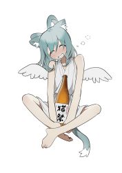 Rule 34 | 1girl, ahoge, alcohol, alternate costume, angel wings, animal ear fluff, animal ears, bare shoulders, barefoot, blush, cat ears, cat tail, closed eyes, crossed ankles, dress, drunk, facing viewer, feathered wings, full body, hair rings, head tilt, highres, kaku seiga, kemonomimi mode, m09 mirage090, shirt, simple background, sitting, solo, squeans, tail, tears, touhou, white background, white dress, wings