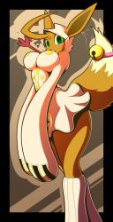 Rule 34 | 1girl, absurdres, animal ears, beige background, bell, black border, blush, blush stickers, border, breasts, creatures (company), dress, eevee, female focus, fox tail, furry, furry female, game freak, gen 1 pokemon, green eyes, heart, highres, hood, large breasts, leg warmers, long sleeves, looking at viewer, nintendo, open mouth, personification, pokemon, pokemon (creature), pokemon rgby, r-mk, short dress, simple background, smile, solo, standing, tail, taokaka