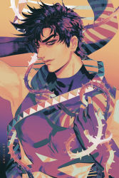 Rule 34 | 1boy, amuii, battle tendency, crop top, fingerless gloves, gloves, hermit purple, jojo no kimyou na bouken, joseph joestar, joseph joestar (young), male focus, midriff, muted color, plant, scarf, solo, striped clothes, striped scarf, thorns, vines