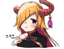 Rule 34 | 1girl, absurdres, bare shoulders, black dress, blonde hair, breasts, broken horn, china dress, chinese clothes, commentary request, copyright request, cropped torso, dress, hair over one eye, hand up, highres, horn ornament, horns, long hair, medium breasts, okota mikan, purple eyes, safety pin, simple background, single sleeve, solo, translation request, upper body, white background